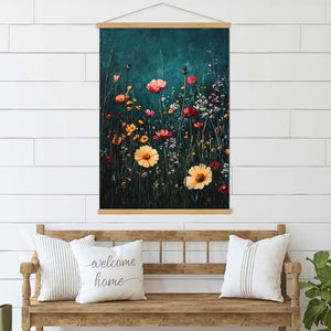 Vintage Field of Wildflowers Canvas Wall Art Hanger, Extra Large Wall Art Living Room, Cottagecore Decor, Botanical Landscape Wall Art