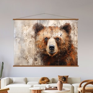 Bear Print on Canvas Wall Art Hanger, Hanging Wild Animal Art, Wall Art Living Room Decor, Bear Canvas Print, Extra Large Wall Art