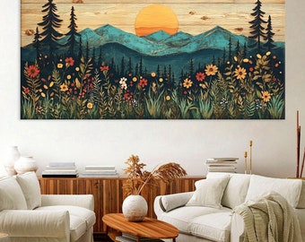 Wood Wall Art Mountain Canvas Wall Art Living Room Decor, Field of Wildflowers Wall Art, Wood Texture Canvas Print, Extra Large Wall Art