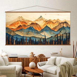 Wood Wall Art Mountain Canvas Wall Art Hanger, Wood Texture Canvas Print, Abstract Mountain Wall Art Living Room, Extra Large Wall Art