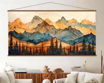 May include: A wall tapestry featuring a geometric mountain range with a sunrise over the peaks. The mountains are a mix of blue, orange, and brown hues. The tapestry is hung on a wall with a wooden frame.
