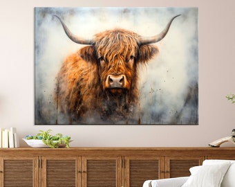Highland Cow Wall Art Living Room, Farm Animals Art Canvas, Rustic Decor, Cow Art, Animal Canvas Print, Extra Large Wall Art