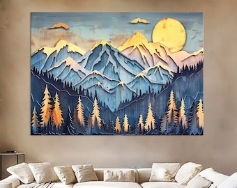 Puede incluir: Una pintura digital de una cordillera con un gran sol amarillo en el cielo. Las montañas están superpuestas y tienen una gama de colores azul, morado y rosa. Los árboles en primer plano son de un verde oscuro.