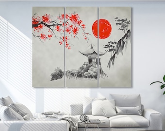 Japanese Canvas Wall Art, Modern Art Print, Asian Home Decor, Japan Sakura Canvas Print, Minimalist Sunset Wall Decor, Large Trendy Wall Art