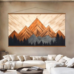 Wood Wall Art Mountain Canvas Wall Art Hanger, Wood Texture Canvas Print, Abstract Mountain Wall Art Living Room, Extra Large Wall Art