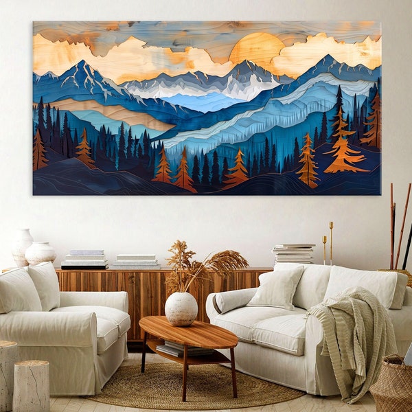 Wood Wall Art Mountain Canvas Wall Art Living Room Decor, Abstract Mountain Wall Art, Wood Texture Canvas Print, Extra Large Wall Art