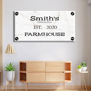 Farmhouse Sign With Name Wall Art, Family Last Name Canvas Print, Farmhouse Wall Decor, Marble Canvas Art, Large Homestead Sign