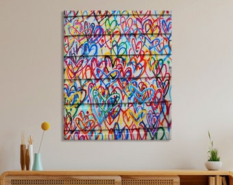 Moderne straatkunst aan de muur, Banksy-graffiti canvasprint, woondecoratie, canvas print kleurrijke harten, Banksy Wall Art