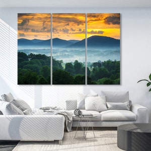 Impressão em tela de montanha, arte de parede de paisagem de floresta nebulosa, decoração de tela de natureza, impressão de fotografia de pôr do sol, decoração de casa, grande arte de parede moderna