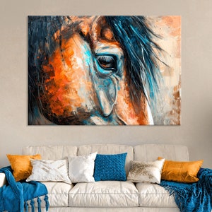 Impresión de pintura de caballos sobre lienzo pared arte sala de estar decoración, arte animal, impresión de caballos sobre lienzo, arte de pared extra grande, arte abstracto del caballo