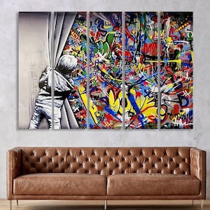Behind the Curtain Banksy Canvas Art, Street Graffiti Art Print, Modern Home Decor, Banksy Wall Print, Large Framed Wall Art Set
