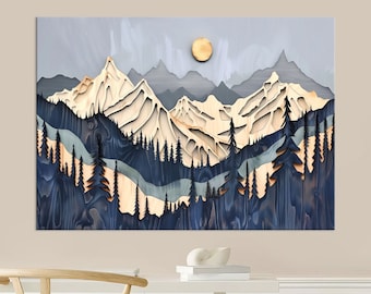 Puede incluir: Una impresión de arte en madera que representa una cordillera en capas con una luna llena en el cielo. Las montañas son de tonos azules, marrones y blancos, con un bosque de árboles verde oscuro en primer plano.