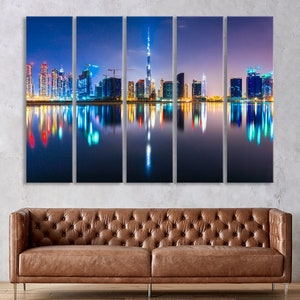 Dubai Canvas Wall Decor, Cityscape Art Print, Home Decor, Night City Skyline Canvas Print Frame, Large Multi Panel Wall Art