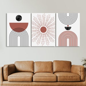 Boho Canvas Wall Art Print, Mid Century Modern Decor, Boho Set of 3 Minimalist Canvas Art, Neutral Abstract Geometric Decor, Home Wall Decor