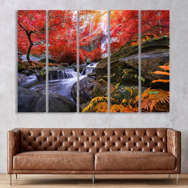 Forest Canvas Prints, Waterfall Wall Decor, Autumn Landscape Print on Canvas, Japanese Maple Tree Decor, Large Home Wall Art Framed