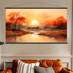 Watercolor Art on Canvas Wall Art Living Room Decor, Landscape Art Canvas Print, Sunset Wall Art Framed, Extra Large Wall Art