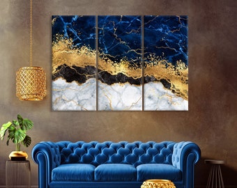 Blau-Gold Marmor Leinwand Wandkunst, Abstrakter Wanddruck, Haus- und Wohnzimmerdekor, Extragroße Wandkunst, Moderne Leinwand