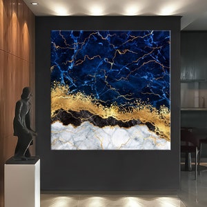 Blue Gold Marble Canvas Wall Art, Abstract Wall Print, Home and Living Room Decor, Extra Large Wall Art, Modern Canvas Print