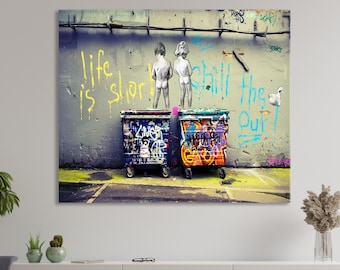 Banksy Life Is Short, Banksy Canvas, Banksy Two Boys, Wall Art Canvas, Street Art Print, Graffiti Painting, Urban Art, Graffiti Wall Decor