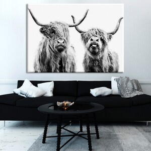 Highland cow canvas wall art Farmhouse decor Cow Black White print Rustic wall decor Animal Oil painting effect Scottish cow wall art