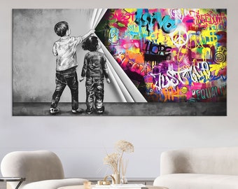 Banksy achter het gordijn canvas muurkunst woonkamer decor, moderne straatkunst, graffiti canvasprint, extra grote muurkunst