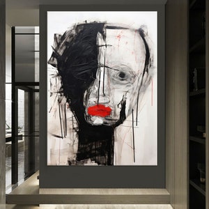 Black and White Abstract Art, Modern Canvas Wall Art Living Room Decor, Abstract Face Art, Framed Canvas Print, Extra Large Wall Art