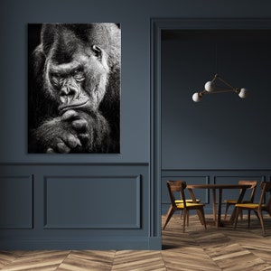 May include: A black and white photograph of a gorilla looking directly at the camera. The gorilla is sitting with its arms crossed and its head resting on its hands.