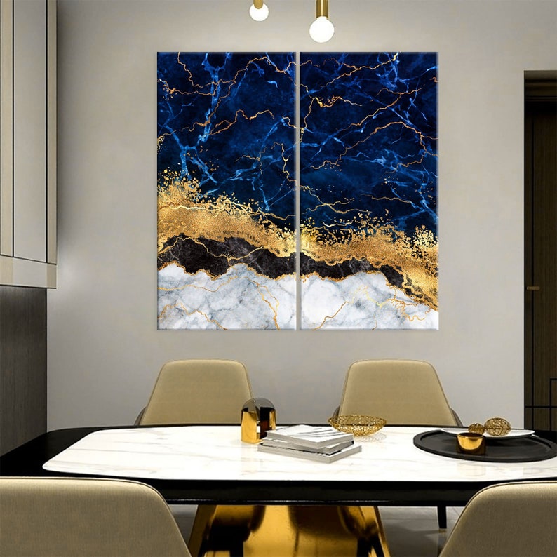 Blue Gold Marble Canvas Wall Art Abstract Wall Print Home Etsy