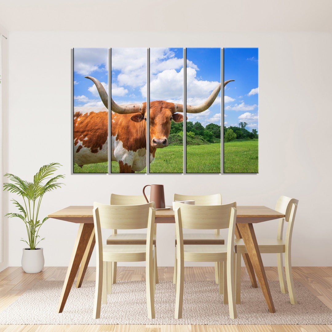Wandkunst Longhorn Kuh Mit Vögeln – Leinwanddruck 101,6x50,8 Cm, Rustikal | Für Wohnzimmer, Bauernhof-Stil, Badezimmer-Deko