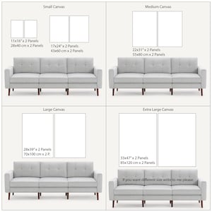 Op de afbeelding: Een collage van vier afbeeldingen die verschillende formaten canvasprints laten zien met een bank voor elk. De formaten zijn: Kleine canvas (11x16 inch, 28x40 cm), Medium canvas (22x31 inch, 55x80 cm), Grote canvas (28x39 inch, 70x100 cm) en Extra grote canvas (33x47 inch, 85x120 cm).