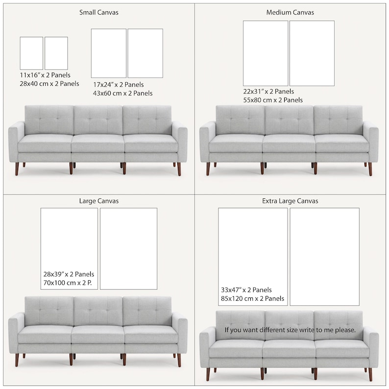 Op de afbeelding: Een collage van vier afbeeldingen die verschillende formaten canvasprints laten zien met een bank voor elk. De formaten zijn: Kleine canvas (11x16 inch, 28x40 cm), Medium canvas (22x31 inch, 55x80 cm), Grote canvas (28x39 inch, 70x100 cm) en Extra grote canvas (33x47 inch, 85x120 cm).