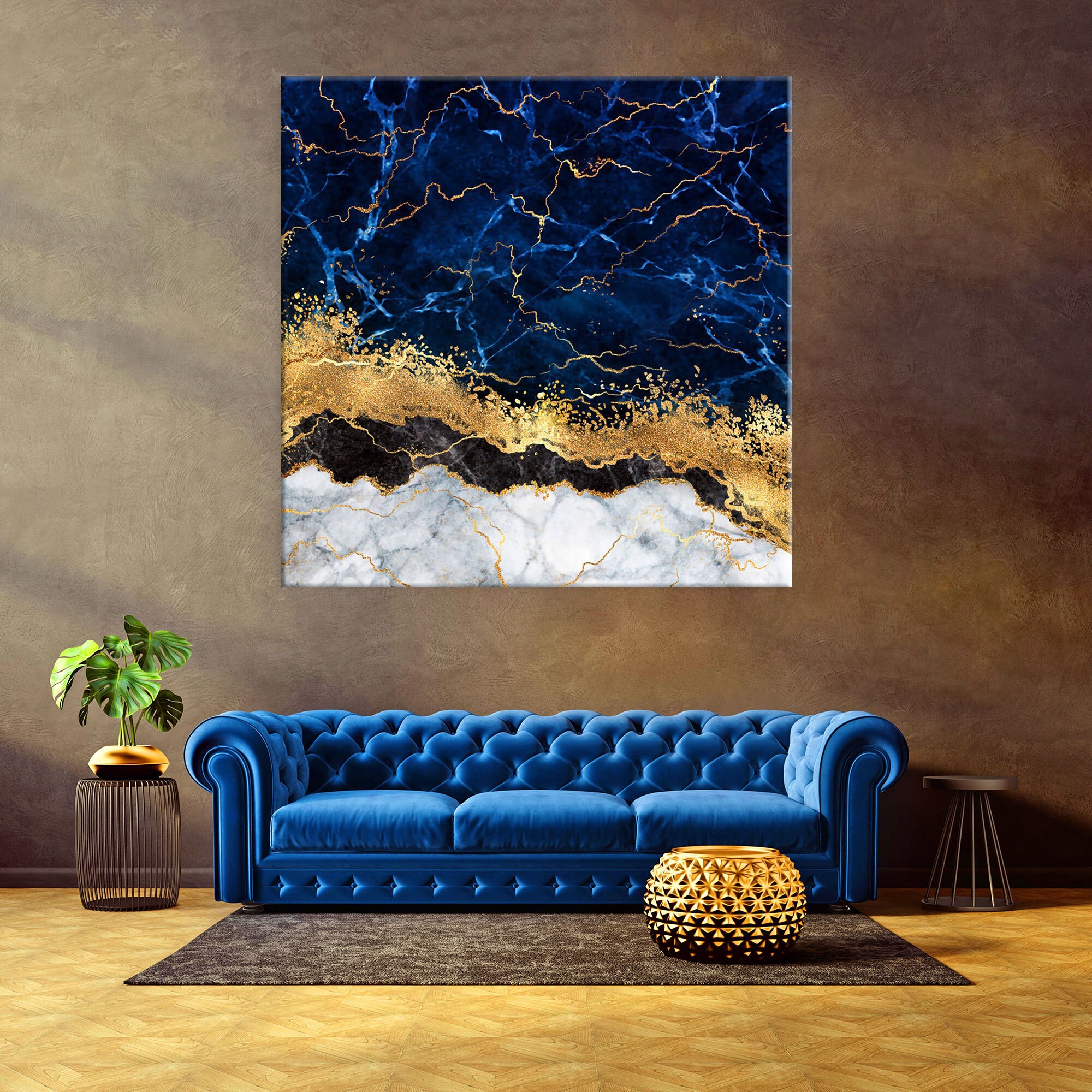 Blue Gold Marble Canvas Wall Art Abstract Wall Print Home Etsy