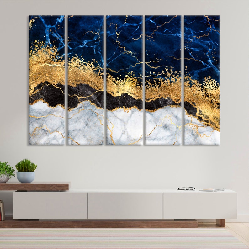 Blue Gold Marble Canvas Wall Art Abstract Wall Print Home Etsy