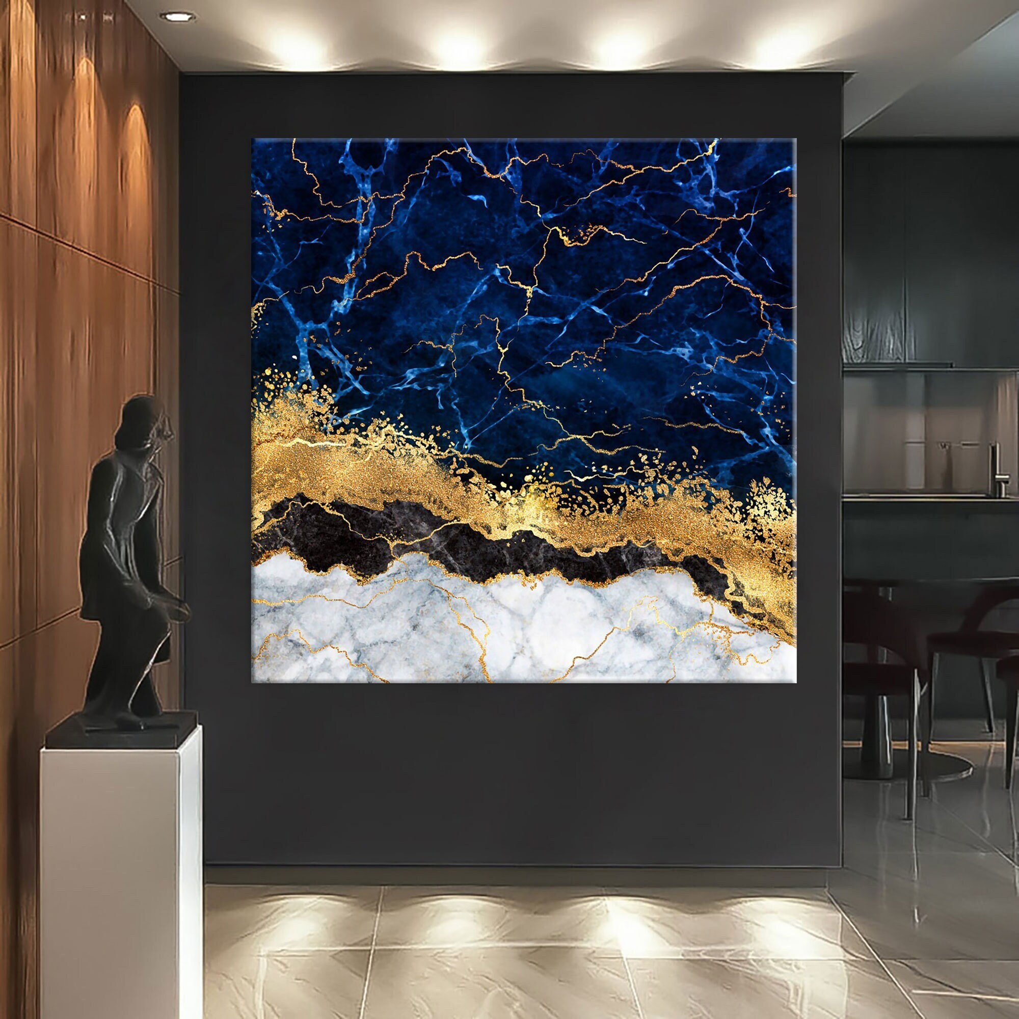 Blue Gold Marble Canvas Wall Art Abstract Wall Print Home Etsy