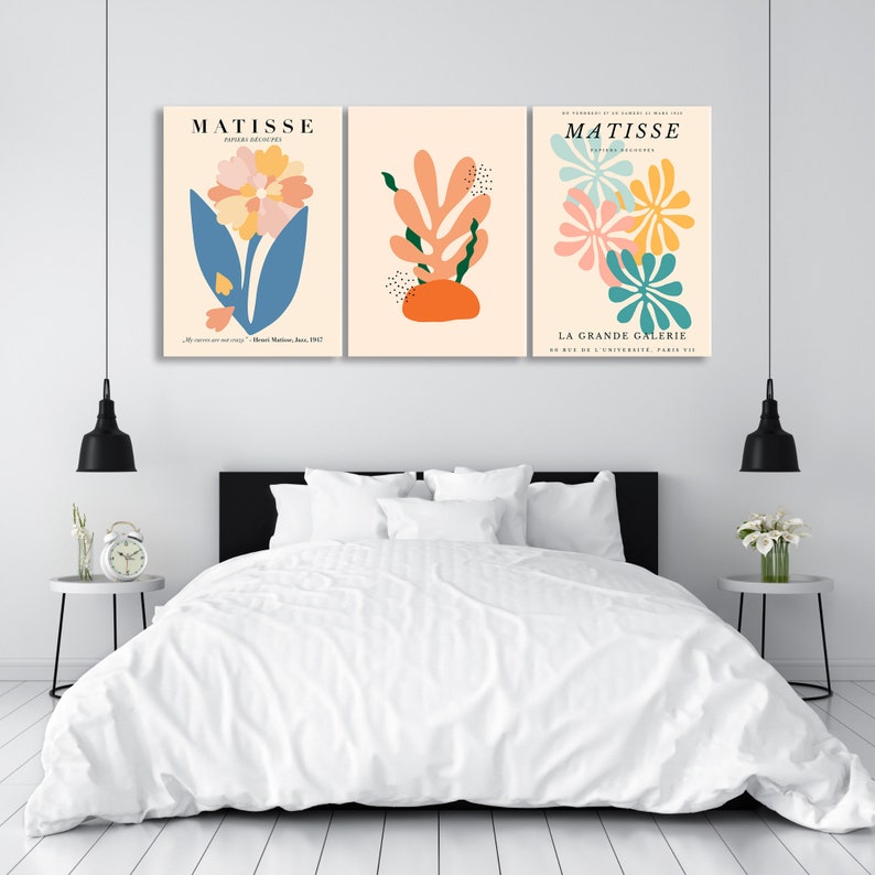 May include: Three abstract art prints featuring colorful floral and leaf designs. The prints are titled "Matisse" and feature the text "La Grande Galerie 50 rue de l'Universit&eacute;, Paris VII".