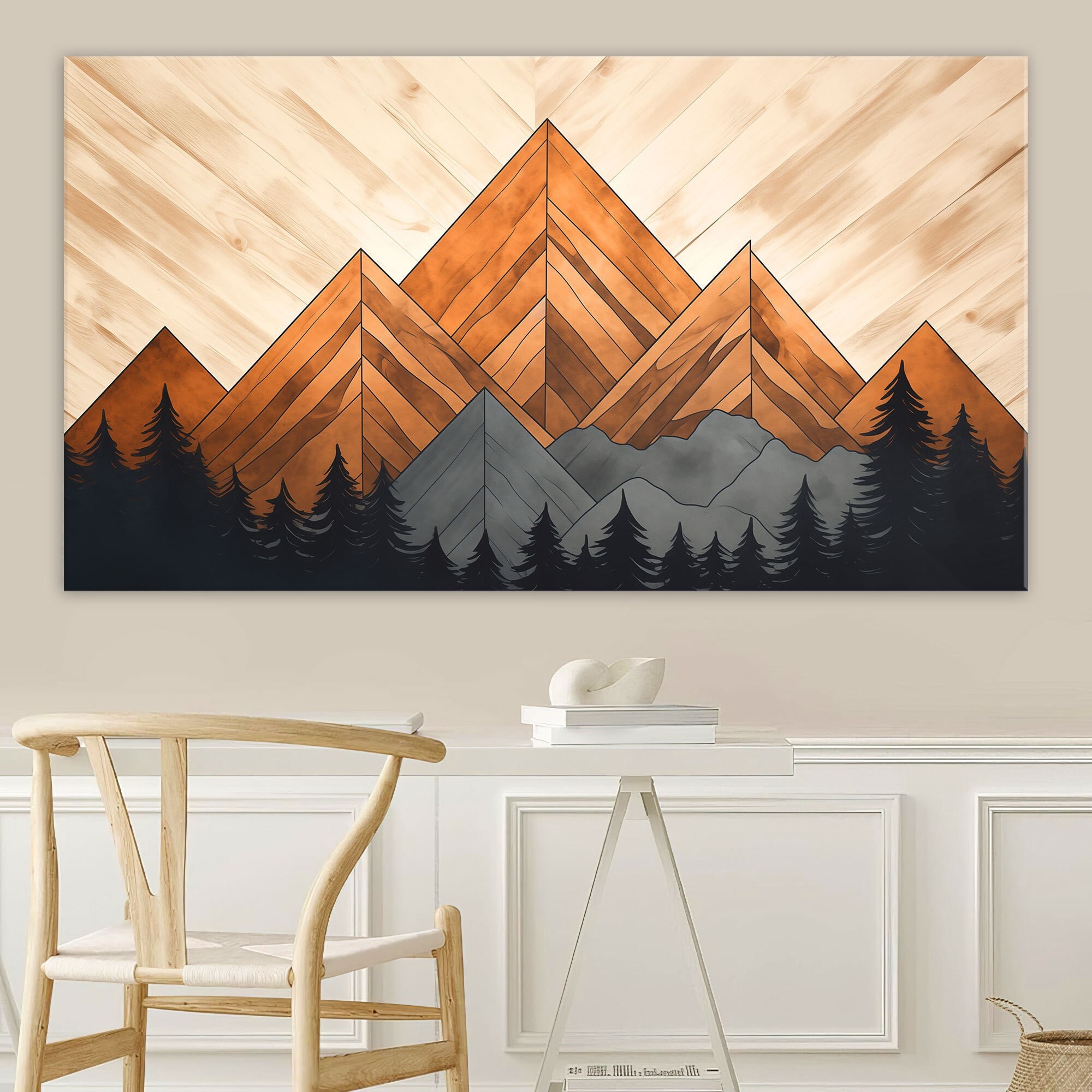 Art mural en bois, montagne, toile murale, décoration de salon, art mural abstrait montagne, impression sur toile Texture bois, très grande oeuvre d'art mural