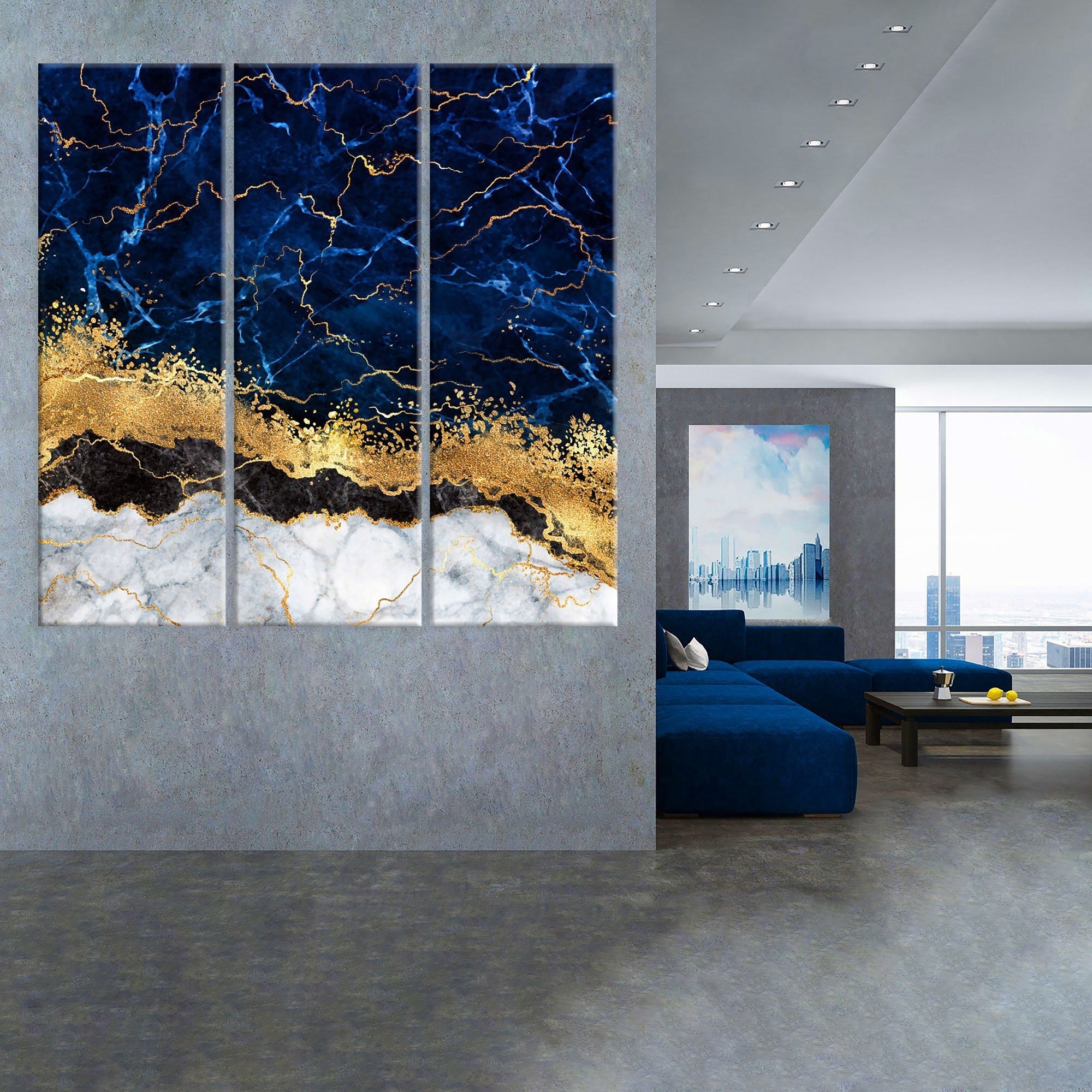 Blue Gold Marble Canvas Wall Art Abstract Wall Print Home Etsy