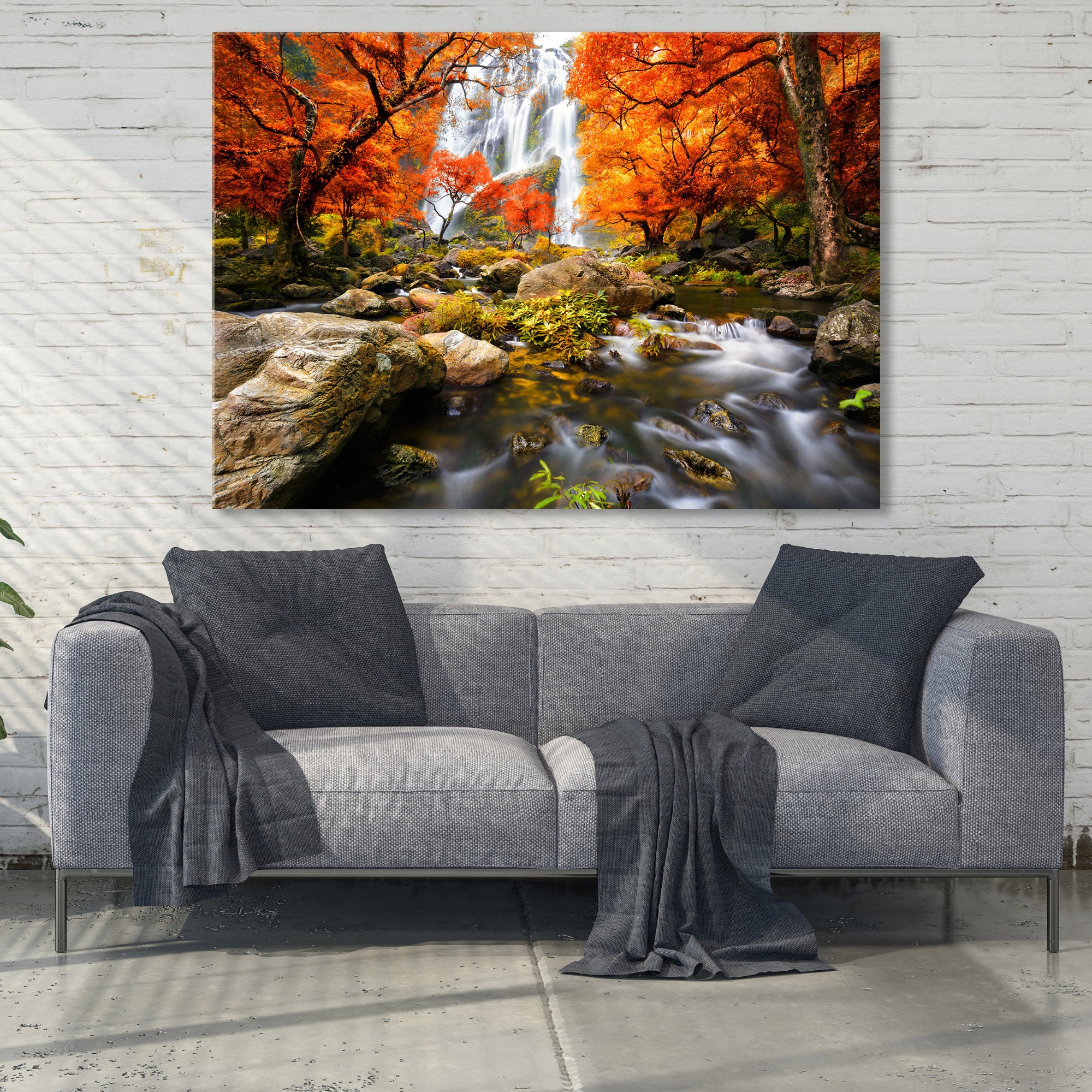 Waterfall Canvas Prints, Forest Wall Decor, Autumn Landscape Print on ...