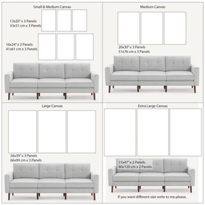 K&ouml;nnte beinhalten: Ein visueller Leitfaden f&uuml;r Leinwanddruckgr&ouml;&szlig;en f&uuml;r ein Sofa. Die Gr&ouml;&szlig;en sind in Zoll und Zentimetern angegeben. Die Gr&ouml;&szlig;en umfassen klein & mittel, mittel, gro&szlig; und extra gro&szlig;. Das Bild zeigt ein Sofa mit verschiedenen Leinwanddrucken dar&uuml;ber.