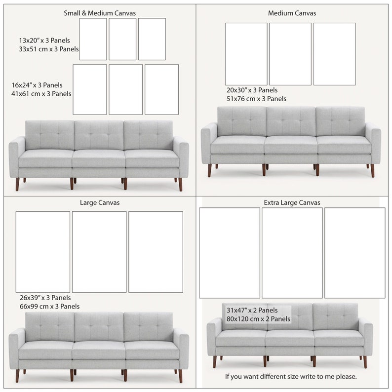 K&ouml;nnte beinhalten: Ein visueller Leitfaden f&uuml;r Leinwanddruckgr&ouml;&szlig;en f&uuml;r ein Sofa. Die Gr&ouml;&szlig;en sind in Zoll und Zentimetern angegeben. Die Gr&ouml;&szlig;en umfassen klein & mittel, mittel, gro&szlig; und extra gro&szlig;. Das Bild zeigt ein Sofa mit verschiedenen Leinwanddrucken dar&uuml;ber.