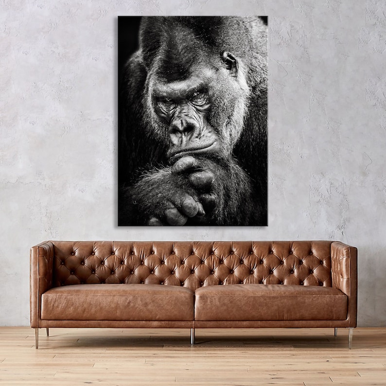 May include: A black and white photograph of a gorilla looking directly at the camera. The gorilla is sitting with its chin resting on its hand.