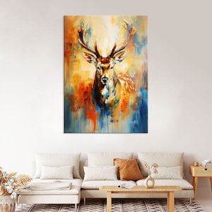 Hirsch Wandkunst, Hirsch Kunst Leinwand Wandkunst Wohnzimmer Dekor, Dschungel Tier Kunst, Tierporträt Leinwand, extragroße Wandkunst