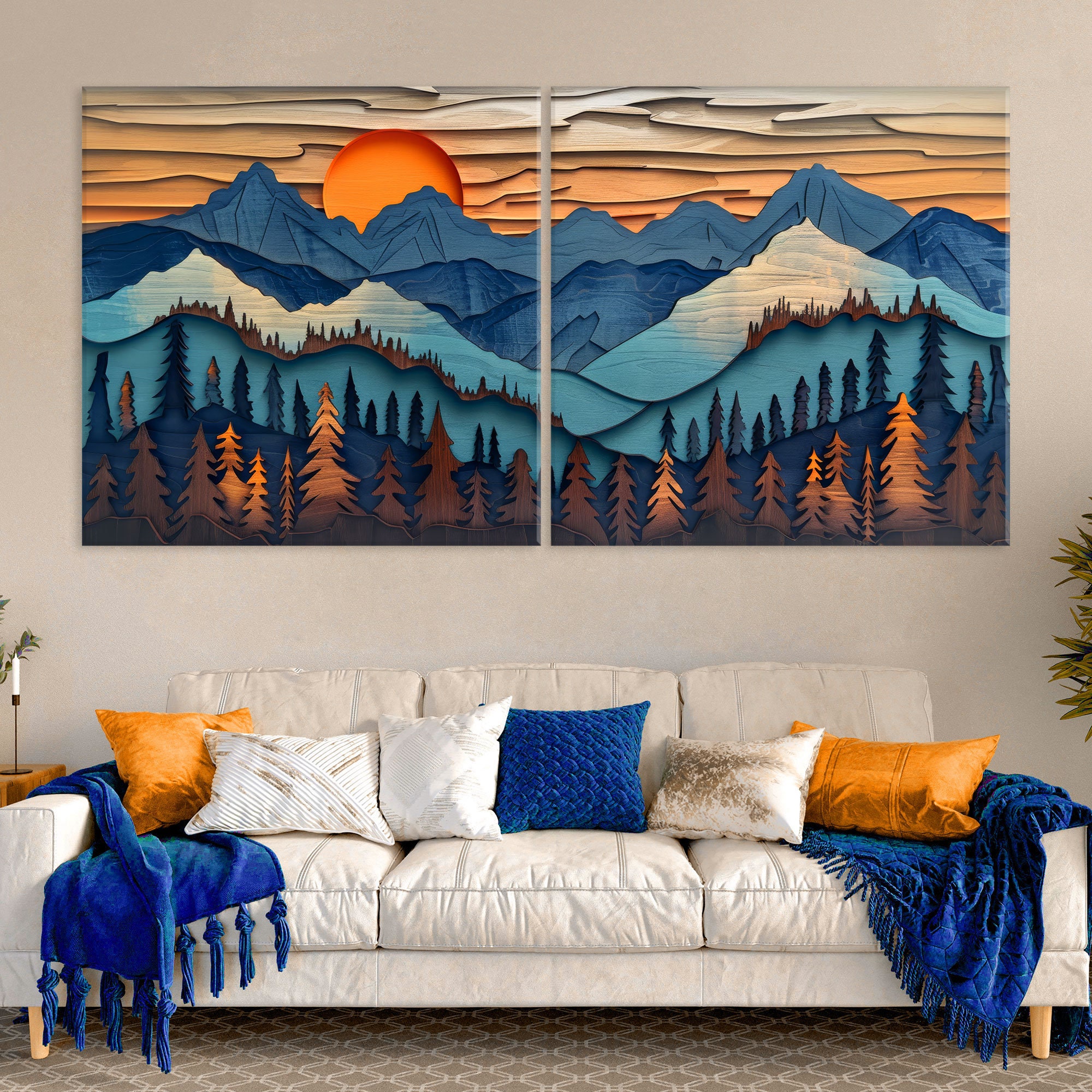 CREATCABIN 3 Pezzo Di Linea In Legno Decorazioni Da Parete In Legno Geometrico Decorazione Da Parete Artistica Da Appendere Set Scavare Opere D'Arte Moderna Montagne Scultura Taglio Laser 28x28cm - 13