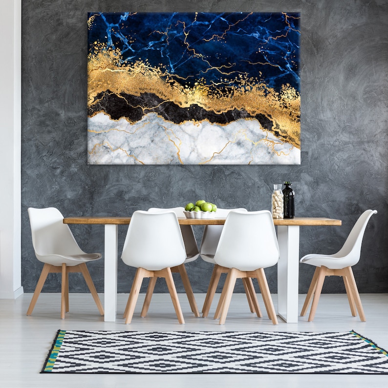 Blue Gold Marble Canvas Wall Art Abstract Wall Print Home Etsy