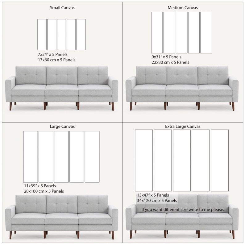 Op de afbeelding: Een vergelijking van verschillende canvas printformaten voor een multi-panel wandkunstset. De formaten zijn: Klein (7x24 inch, 17x60 cm), Medium (9x31 inch, 22x80 cm), Groot (11x39 inch, 28x100 cm) en Extra Groot (13x47 inch, 34x120 cm). Elk formaat wordt getoond met een bank ervoor om te illustreren hoe de canvas print eruit zou zien aan een muur.