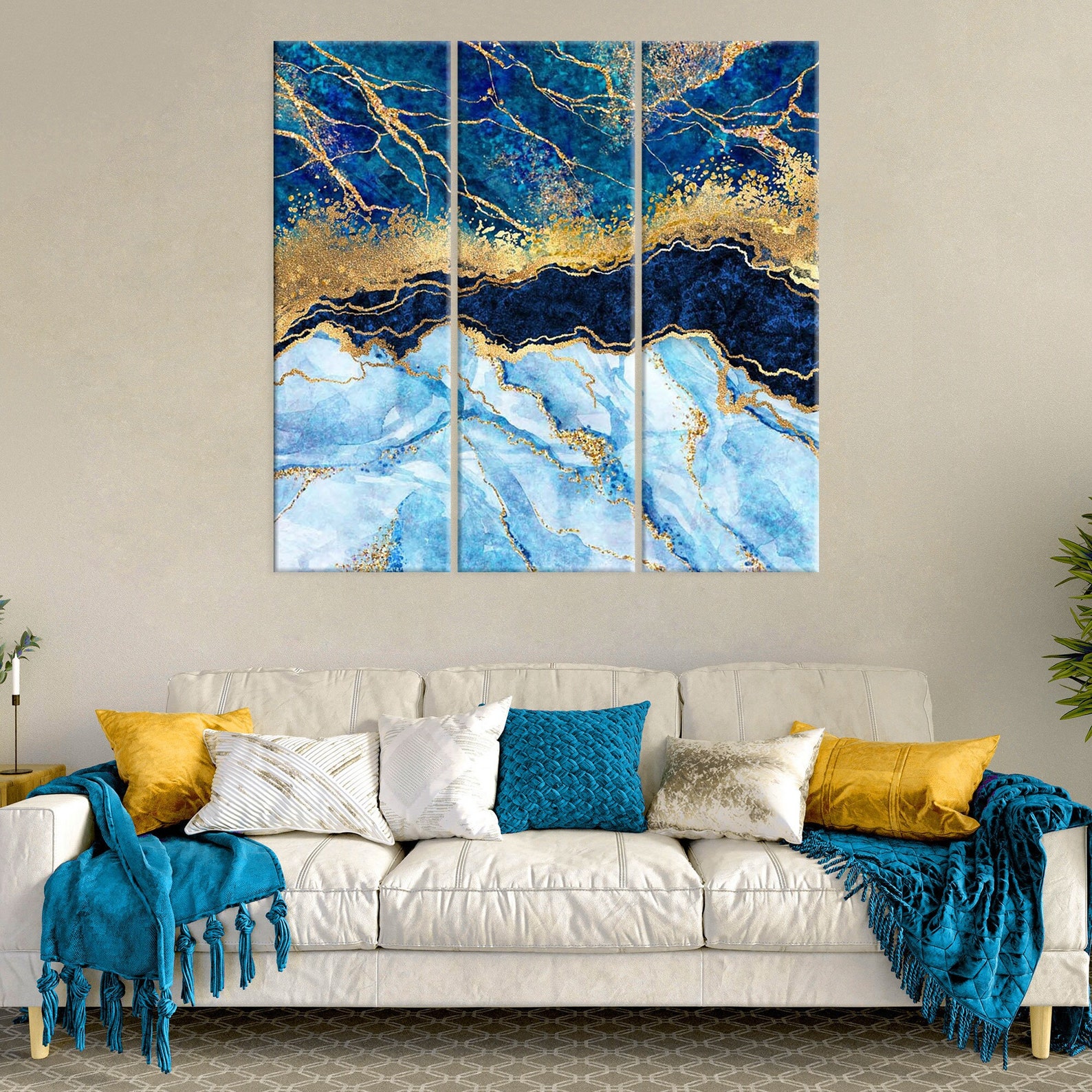 Blue and Gold Marble Canvas Wall Art Set with Black Frames - 80cm x 120cm (3 Pieces) main image 0