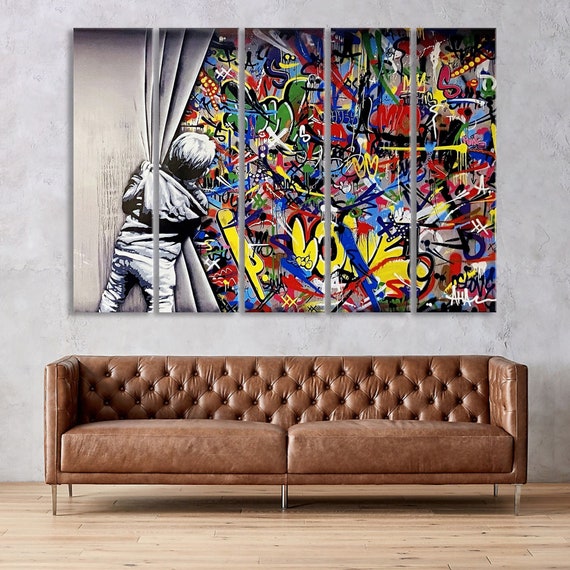 Banksy Wall Art Print, Street Art Canvas Large, Home Decor Modern, Banksy Canvas Behind the Curtain, Framed Wall Art Print