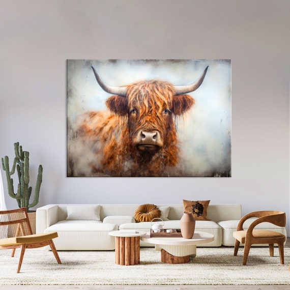 Conipit Trittico Su Tela Con Animali Da Fattoria | Mucca Delle Highland E Cavallo | 3 Pannelli 30,5x40,6cm Ciascuno | Quadro Rustico Per Parete