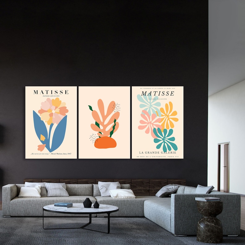 May include: Three colorful abstract art prints featuring floral and leaf designs. The prints are titled "Matisse" and "La Grande Galerie".