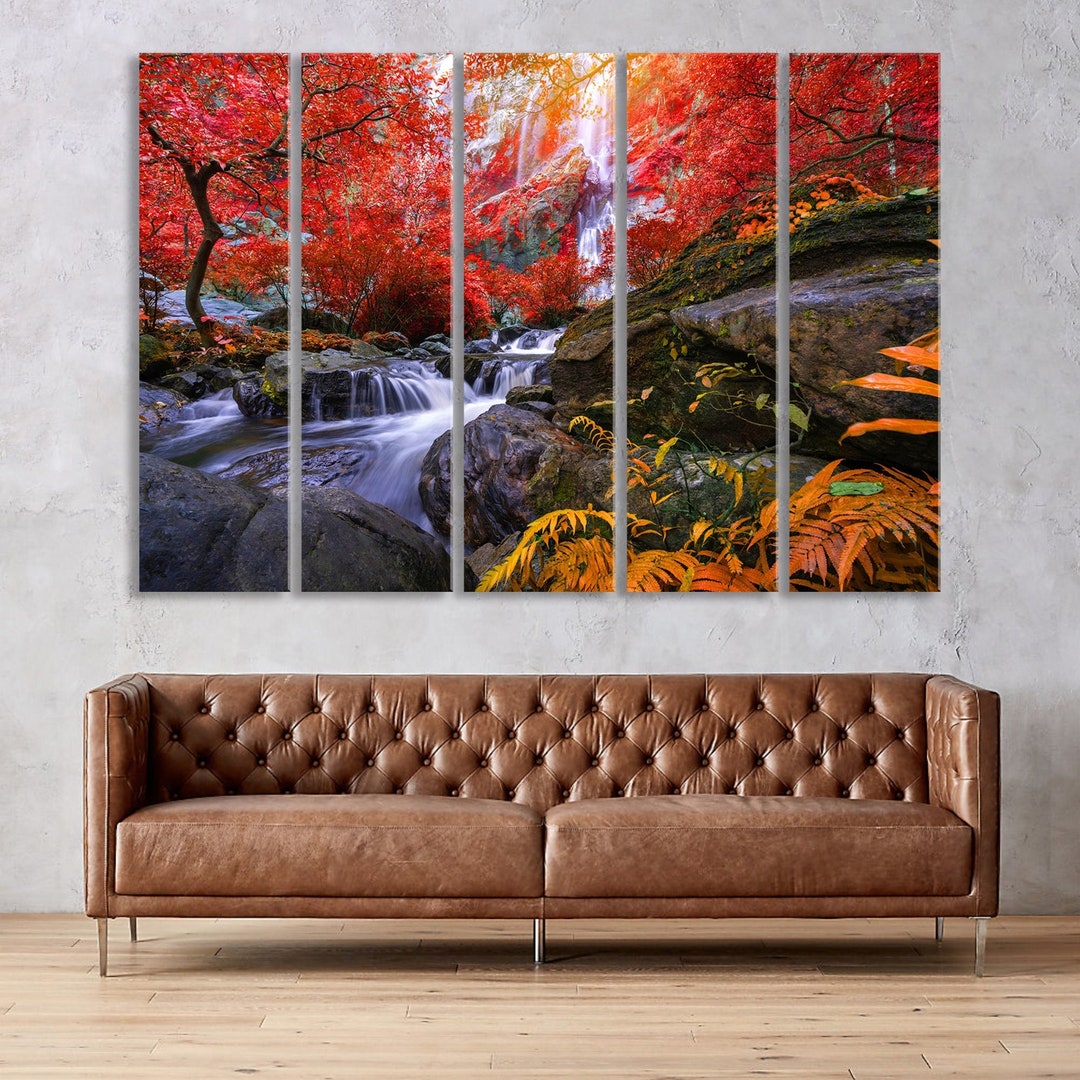 Forest Canvas Prints, Waterfall Wall Decor, Autumn Landscape Print on ...